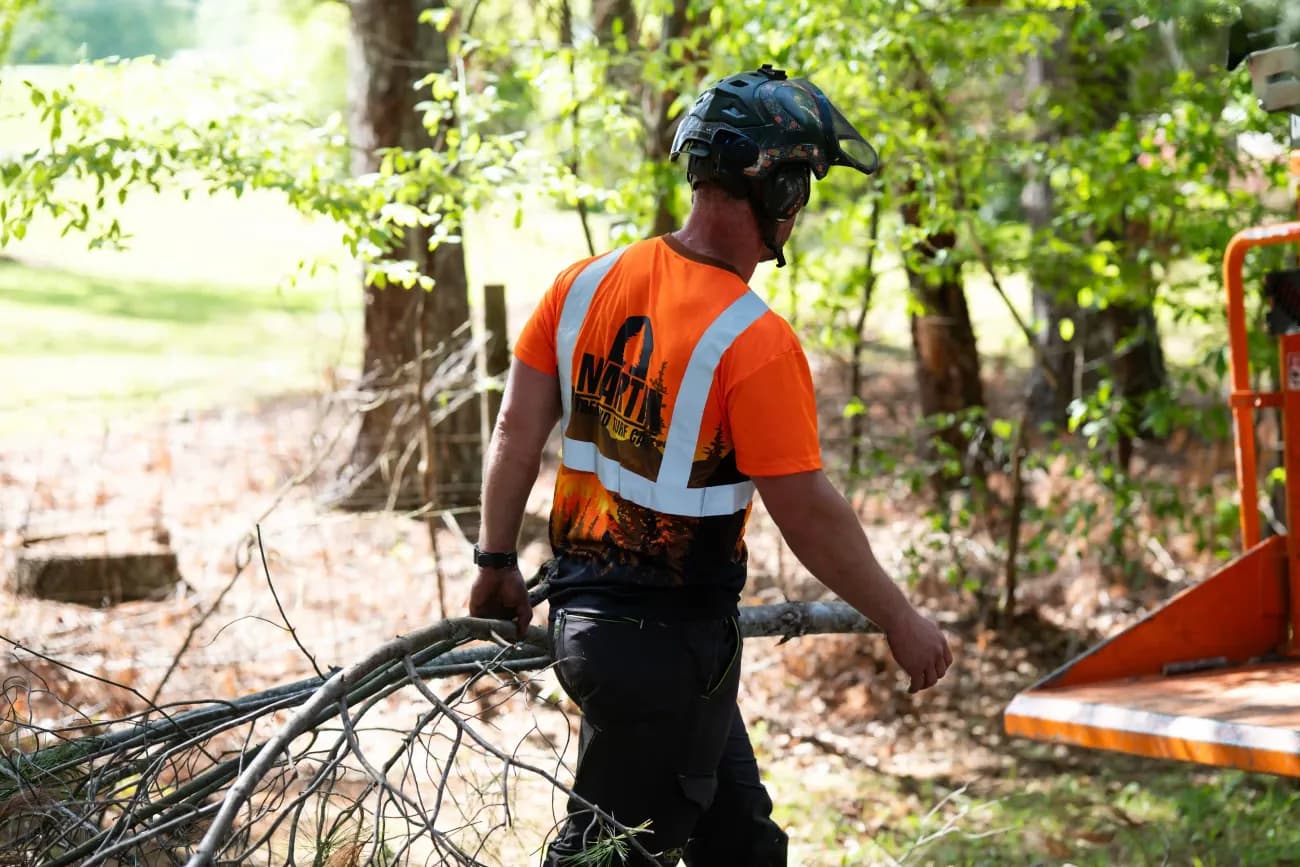 Martin Tree and Turf Care crew hauling brush to clear a residential yard in Upstate SC