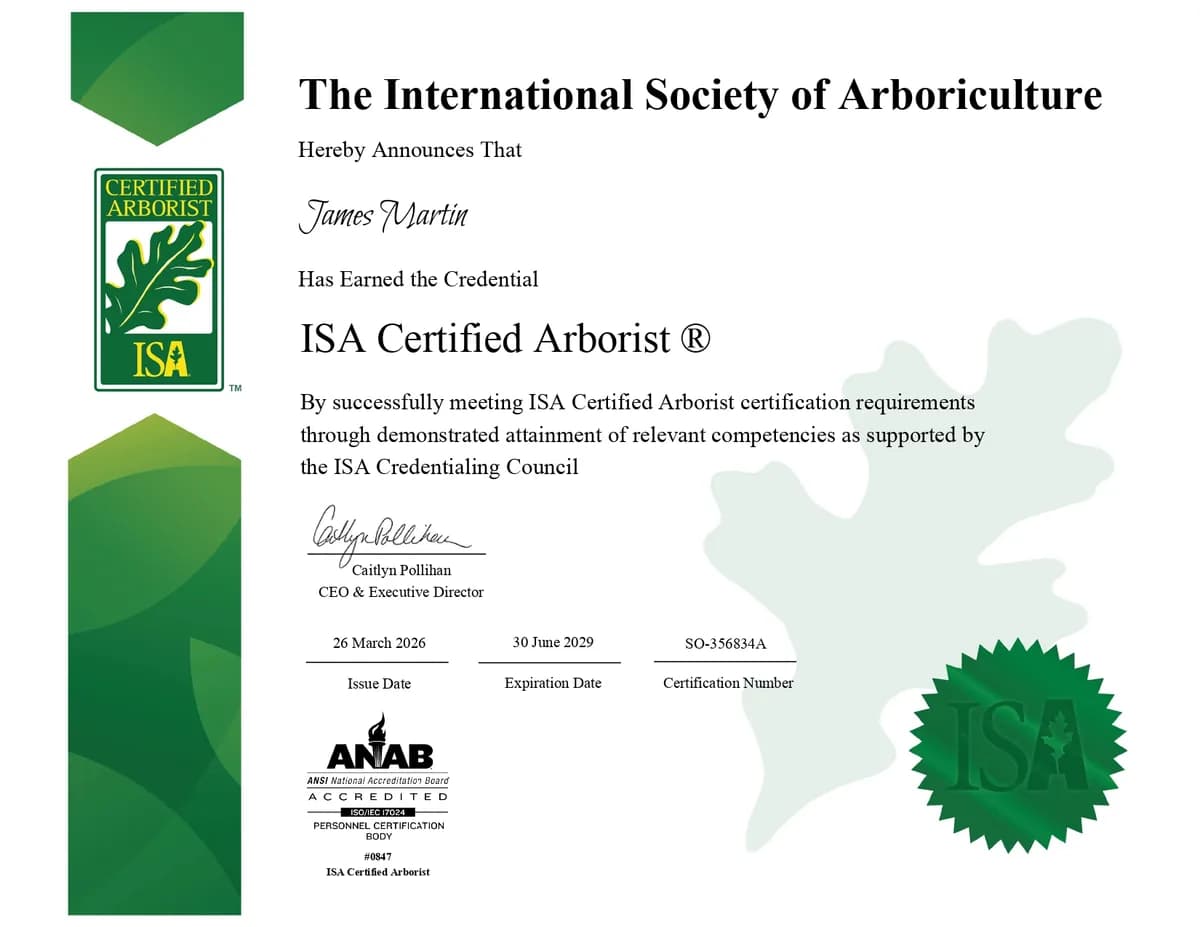 ISA Certified Arborist certificate for James Martin — Cert #SO-356834A, International Society of Arboriculture, issued 2026, valid through 2029