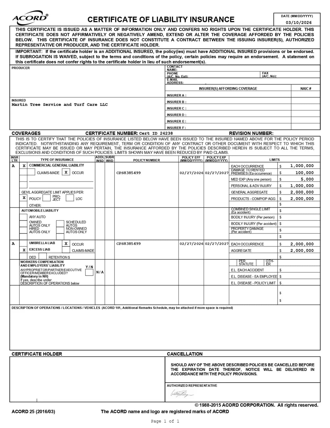 Martin Tree and Turf Care certificate of insurance — $1M per occurrence, $2M aggregate liability, workers compensation — available before any job starts