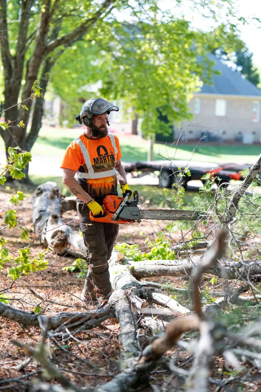 Martin Tree and Turf Care cutting up a fallen tree during storm cleanup at a Greer SC home — job referenced in a 5-star review