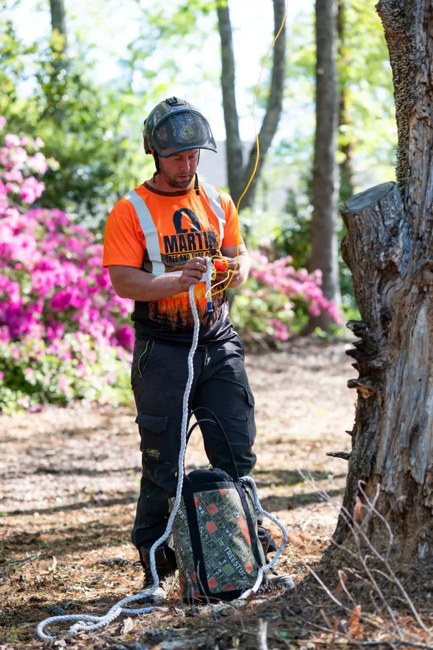 Martin Tree and Turf Care climber demonstrating certified rigging technique on a job in Upstate South Carolina