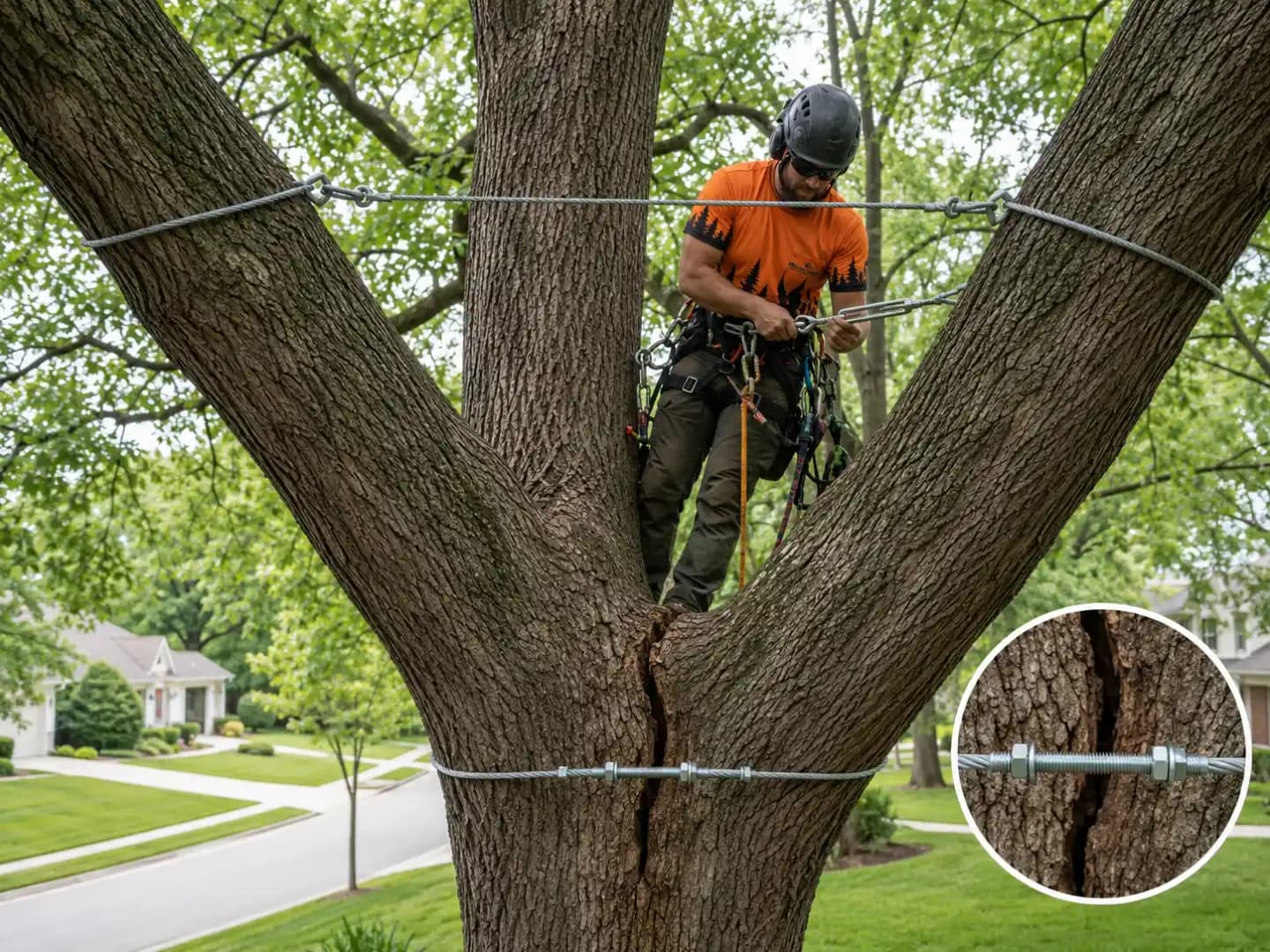 Martin Tree and Turf Care arborist installing a steel cable brace across a split trunk in Upstate South Carolina