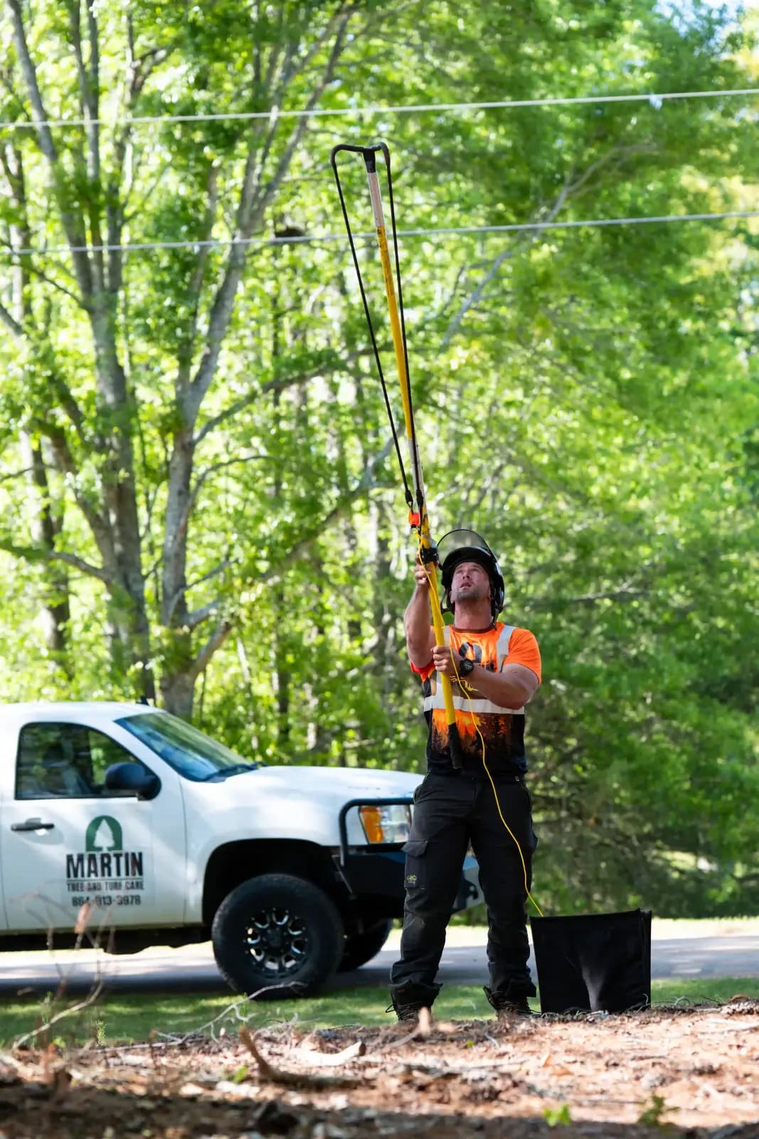 Martin Tree and Turf Care arborist making a directional clearance-pruning cut with a pole saw in Upstate SC