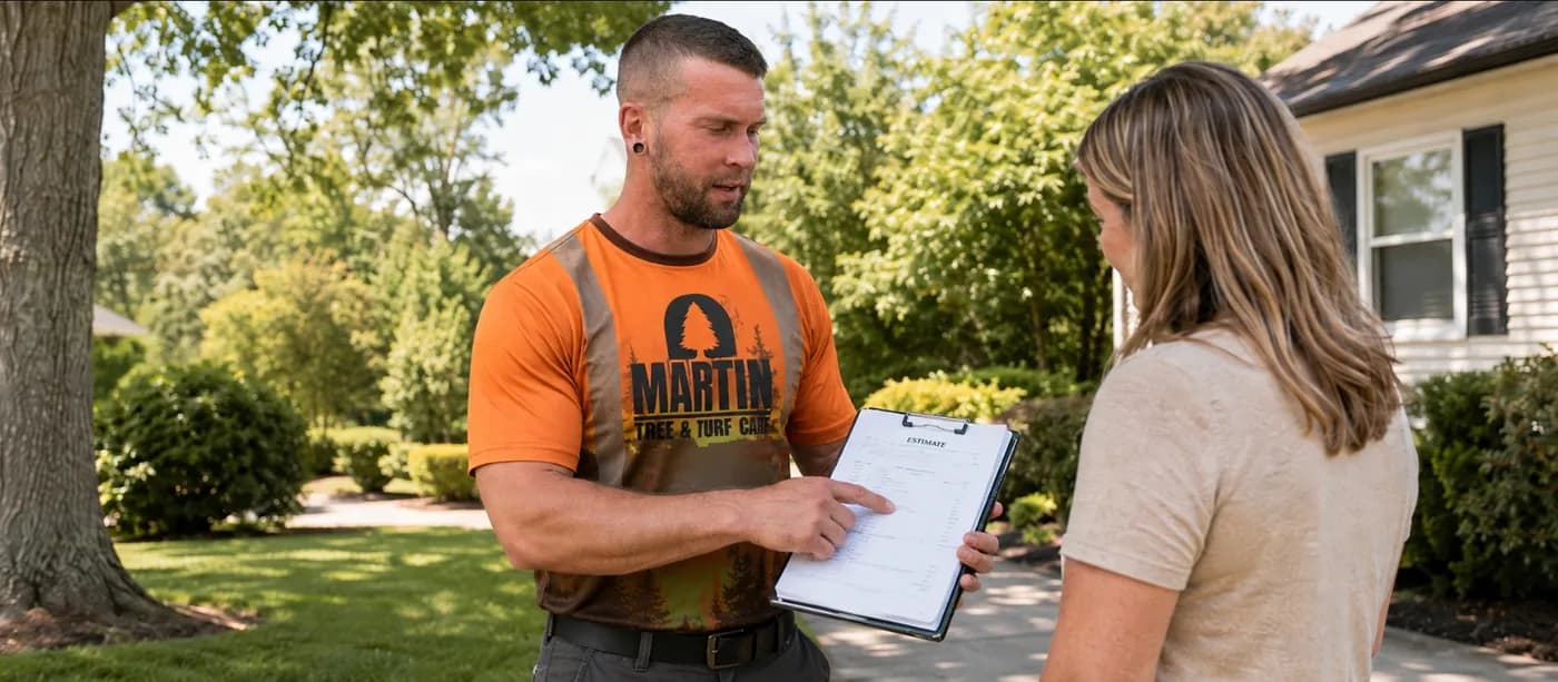 Written tree service estimate on a clipboard — itemized scope and price in writing before any work begins